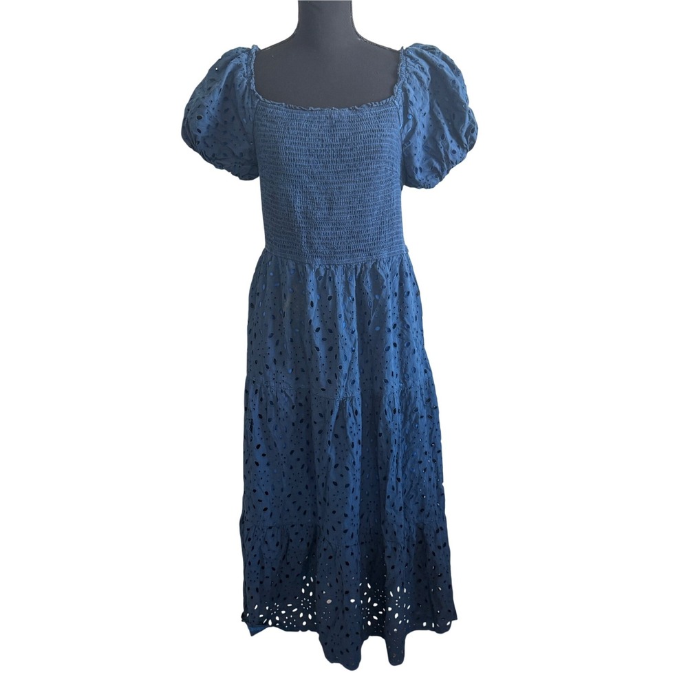 PrettyGarden Womens Cottagecore Blue Eyelet Smocked Tiered Maxi Dress XL Peasant